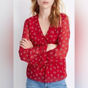 Madewell Floral Peplum V-Neck Top in Red - XS‎
